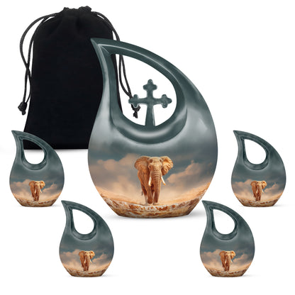 Jewel Teal Elephant Cremation Urn urn with complimentary velvet bag - cross and elephant combined in spiritual memorial design - memorial set with one large and four small urns