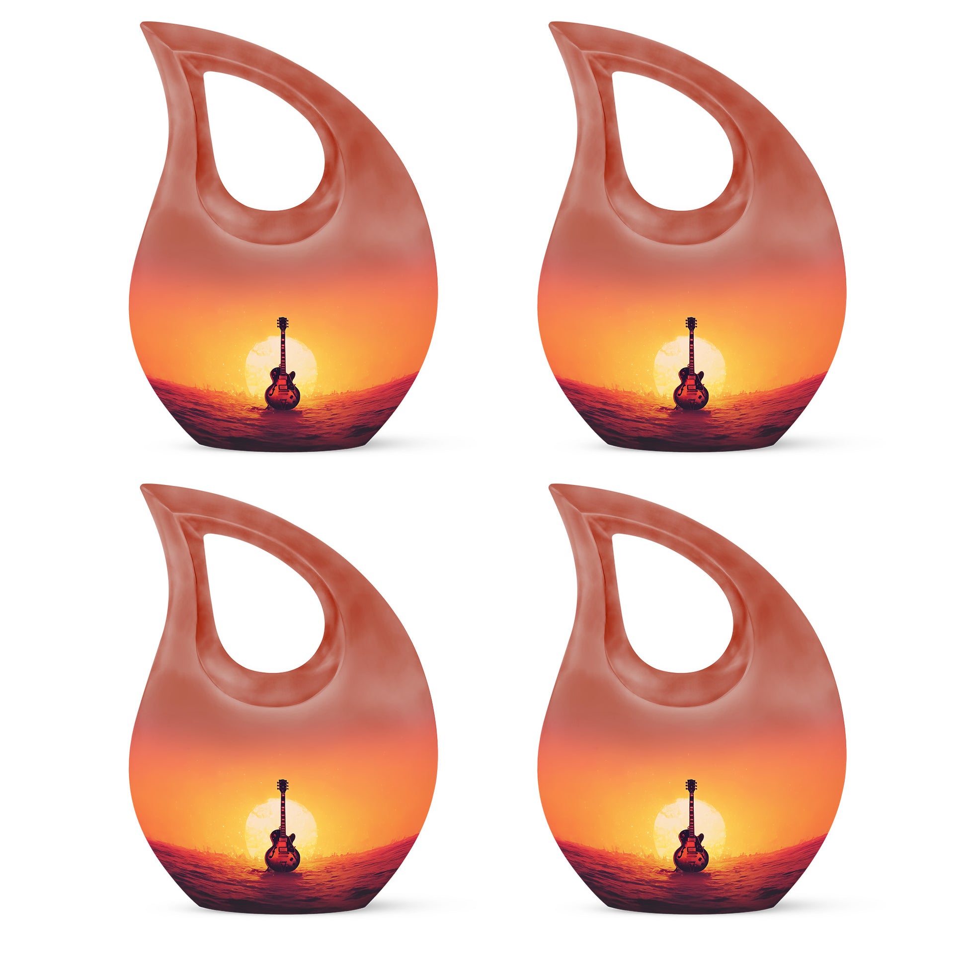 Scarlet Red Guitar Cremation Urn lifestyle display on memorial shelf - faith-inspired cross-drop urn with guitar pattern - 10 inch aluminum urn for cremated remains