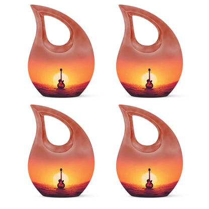 Scarlet Red Guitar Cremation Urn lifestyle display on memorial shelf - faith-inspired cross-drop urn with guitar pattern - 10 inch aluminum urn for cremated remains