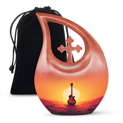 Rich Red Guitar Cremation Urn top-down view of secure threaded lid - faith-inspired cross-drop urn with guitar pattern - full-size 10 inch 200 cubic inch adult cremation urn