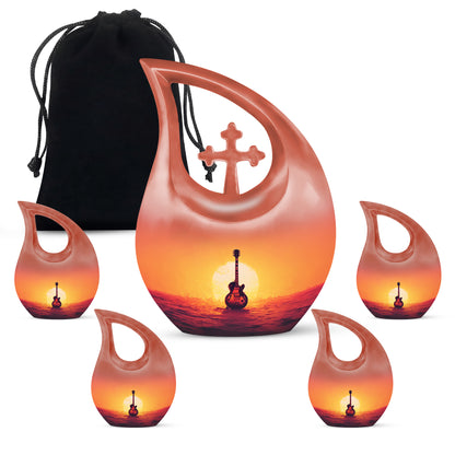 Ruby Red Guitar Cremation Urn urn with complimentary velvet bag - devotional cross-drop guitar engraving - memorial set with one large and four small urns