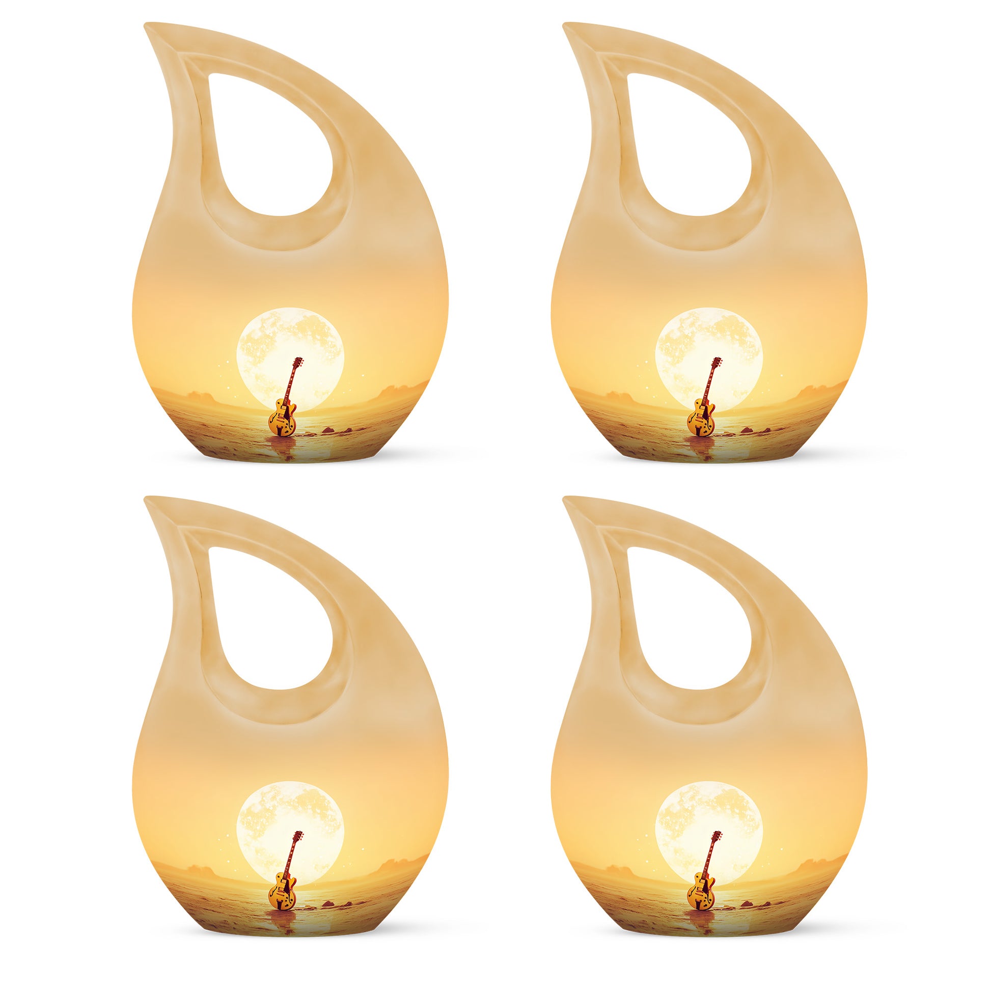 Amber Gold Guitar Cremation Urn lifestyle display on memorial shelf - cross and guitar combined in spiritual memorial design - 10 inch aluminum urn for cremated remains