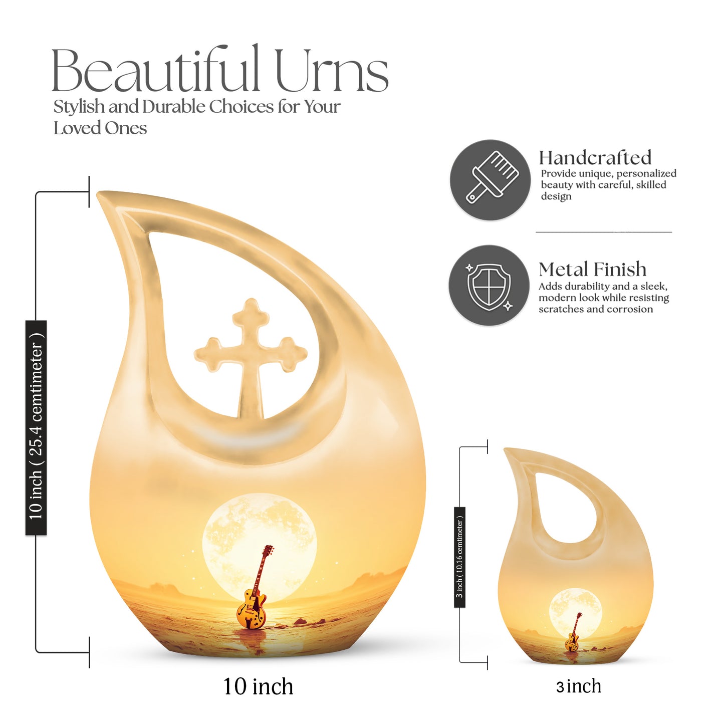 Antique Gold Guitar Cremation Urn back view with polished surface - sacred cross merged with guitar motif on metal - mini keepsake memorial for portion of cremation ashes