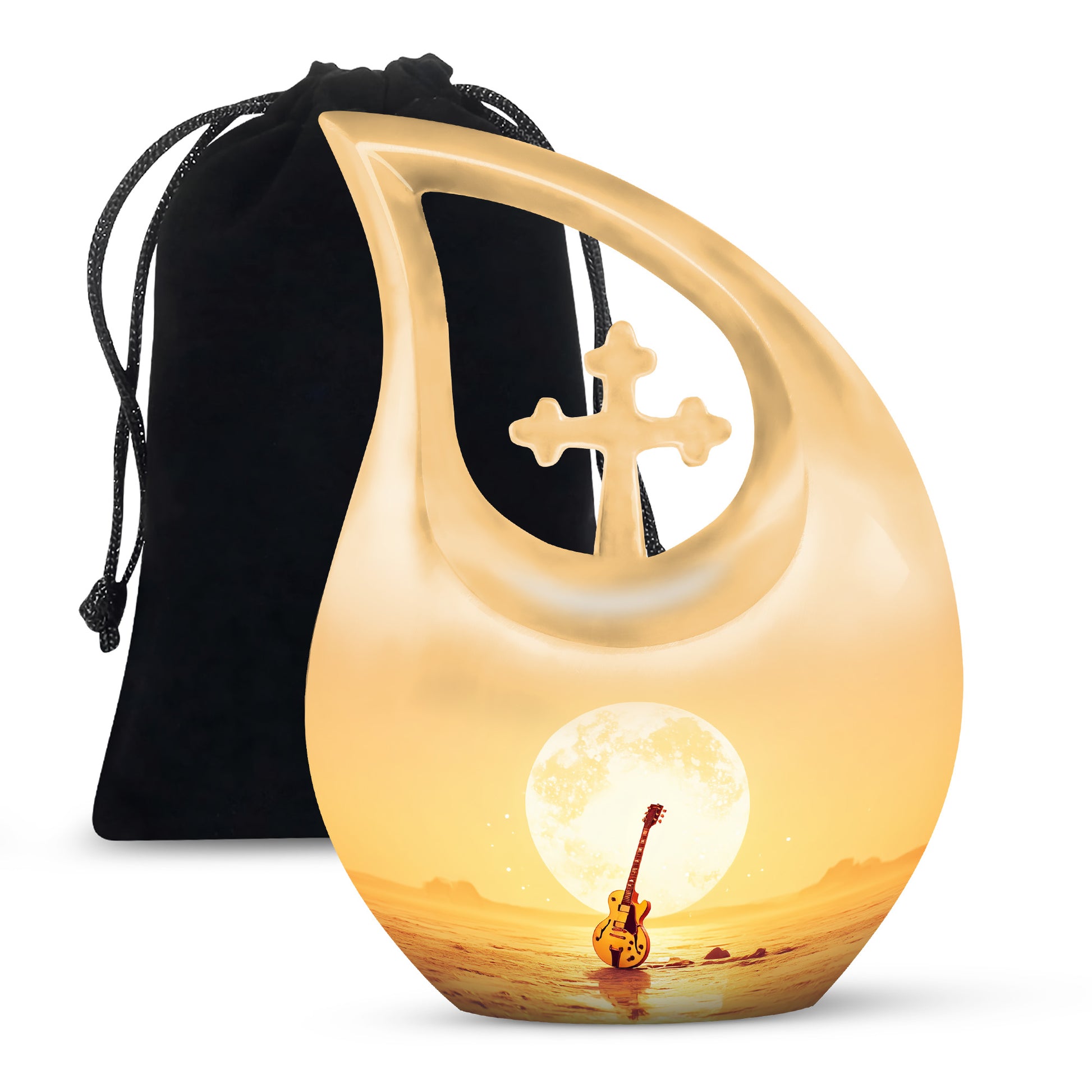 Gilded Gold Guitar Cremation Urn top-down view of secure threaded lid - sacred cross merged with guitar motif on metal - full-size 10 inch 200 cubic inch adult cremation urn