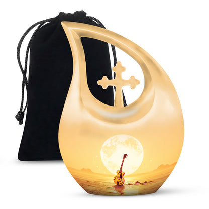 Gilded Gold Guitar Cremation Urn top-down view of secure threaded lid - sacred cross merged with guitar motif on metal - full-size 10 inch 200 cubic inch adult cremation urn