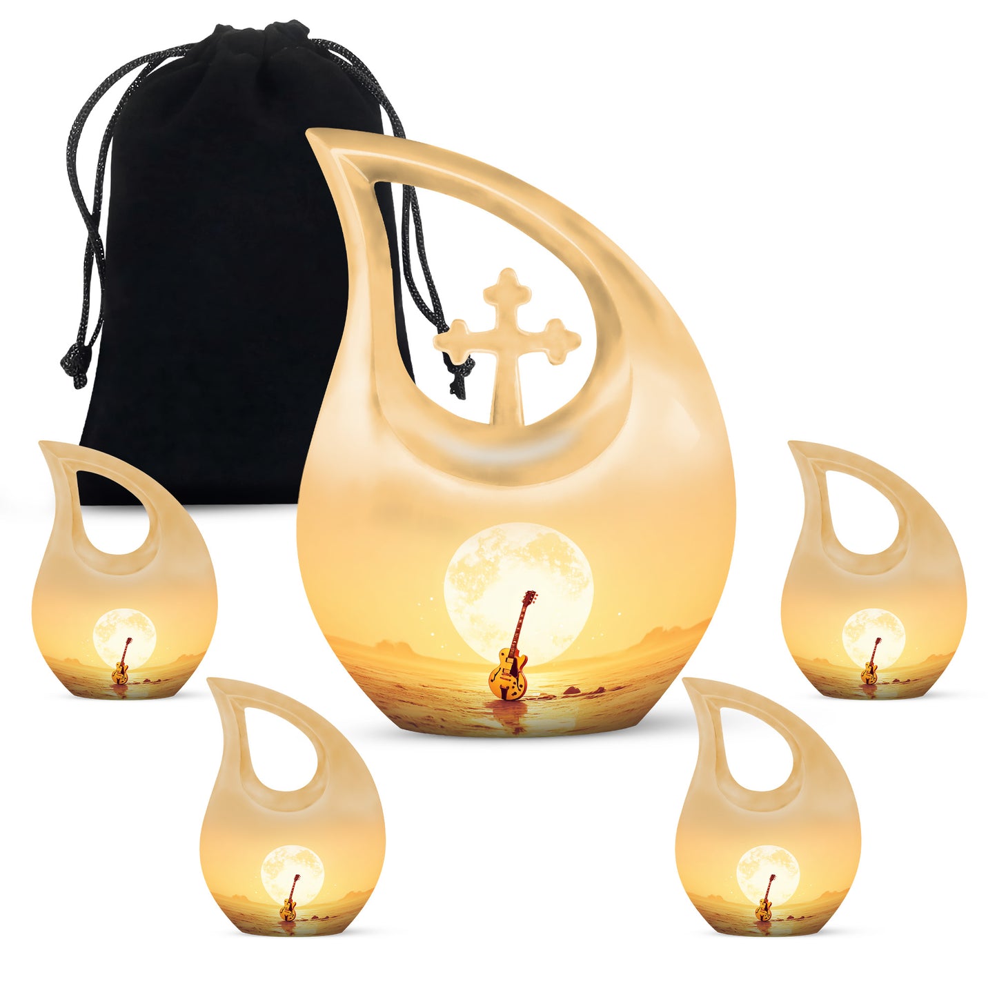 Gilded Gold Guitar Cremation Urn urn with complimentary velvet bag - sacred cross merged with guitar motif on metal - memorial set with one large and four small urns