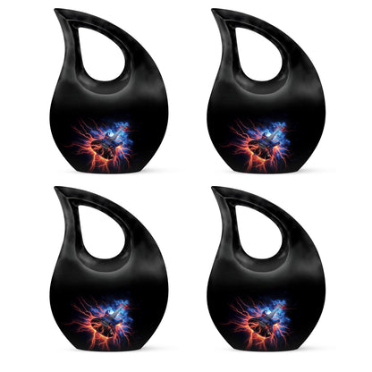 Dark Black Guitar Cremation Urn lifestyle display on memorial shelf - faith-inspired cross-drop urn with guitar pattern - 10 inch aluminum urn for cremated remains