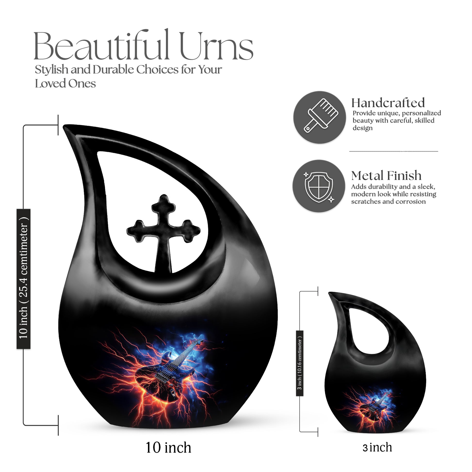 Deep Black Guitar Cremation Urn back view with polished surface - cross and guitar combined in spiritual memorial design - mini keepsake memorial for portion of cremation ashes