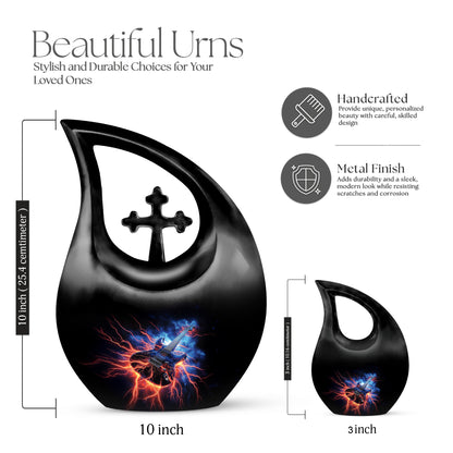 Deep Black Guitar Cremation Urn back view with polished surface - cross and guitar combined in spiritual memorial design - mini keepsake memorial for portion of cremation ashes