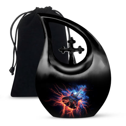 Obsidian Black Guitar Cremation Urn top-down view of secure threaded lid - faith-inspired cross-drop urn with guitar pattern - full-size 10 inch 200 cubic inch adult cremation urn