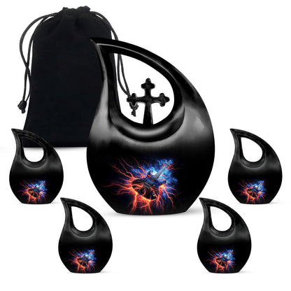 Deep Black Guitar Cremation Urn urn with complimentary velvet bag - cross and guitar combined in spiritual memorial design - memorial set with one large and four small urns