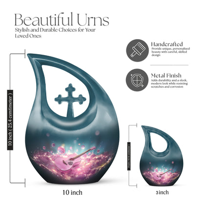 Azure Guitar Cremation Urn back view with polished surface - sacred cross merged with guitar motif on metal - mini keepsake memorial for portion of cremation ashes