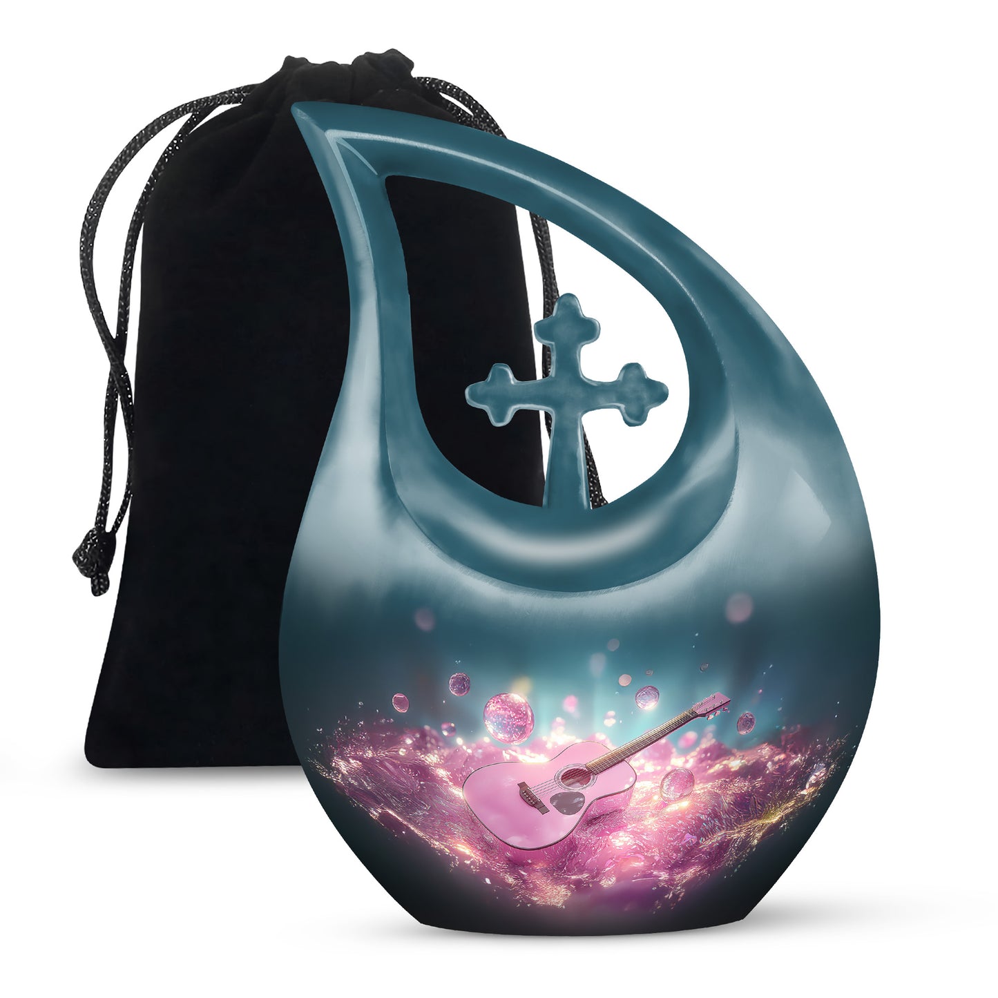 Steel Blue Guitar Cremation Urn top-down view of secure threaded lid - faith-inspired cross-drop urn with guitar pattern - full-size 10 inch 200 cubic inch adult cremation urn