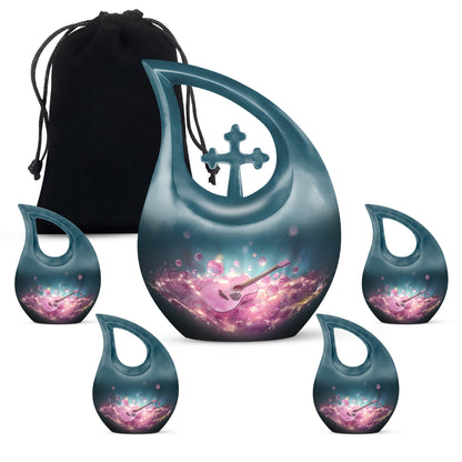 Indigo Guitar Cremation Urn urn with complimentary velvet bag - sacred cross merged with guitar motif on metal - memorial set with one large and four small urns