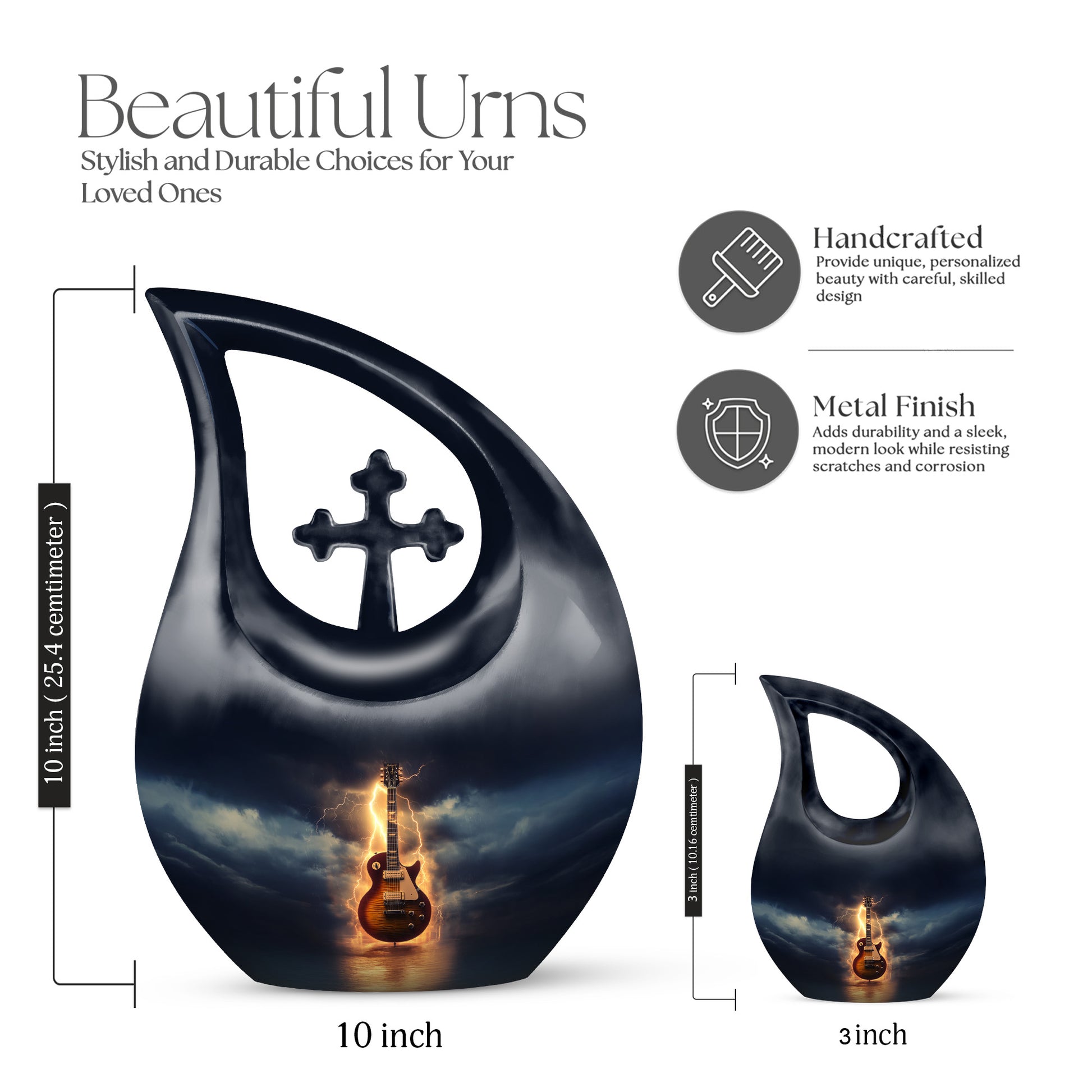 Twilight Blue Guitar Cremation Urn back view with polished surface - devotional cross-drop guitar engraving - mini keepsake memorial for portion of cremation ashes