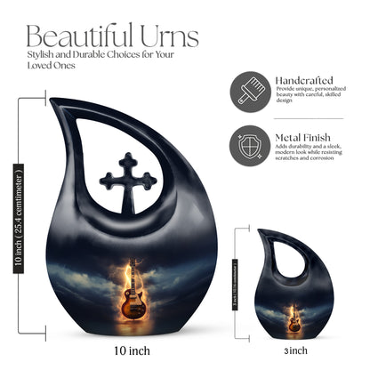 Twilight Blue Guitar Cremation Urn back view with polished surface - devotional cross-drop guitar engraving - mini keepsake memorial for portion of cremation ashes
