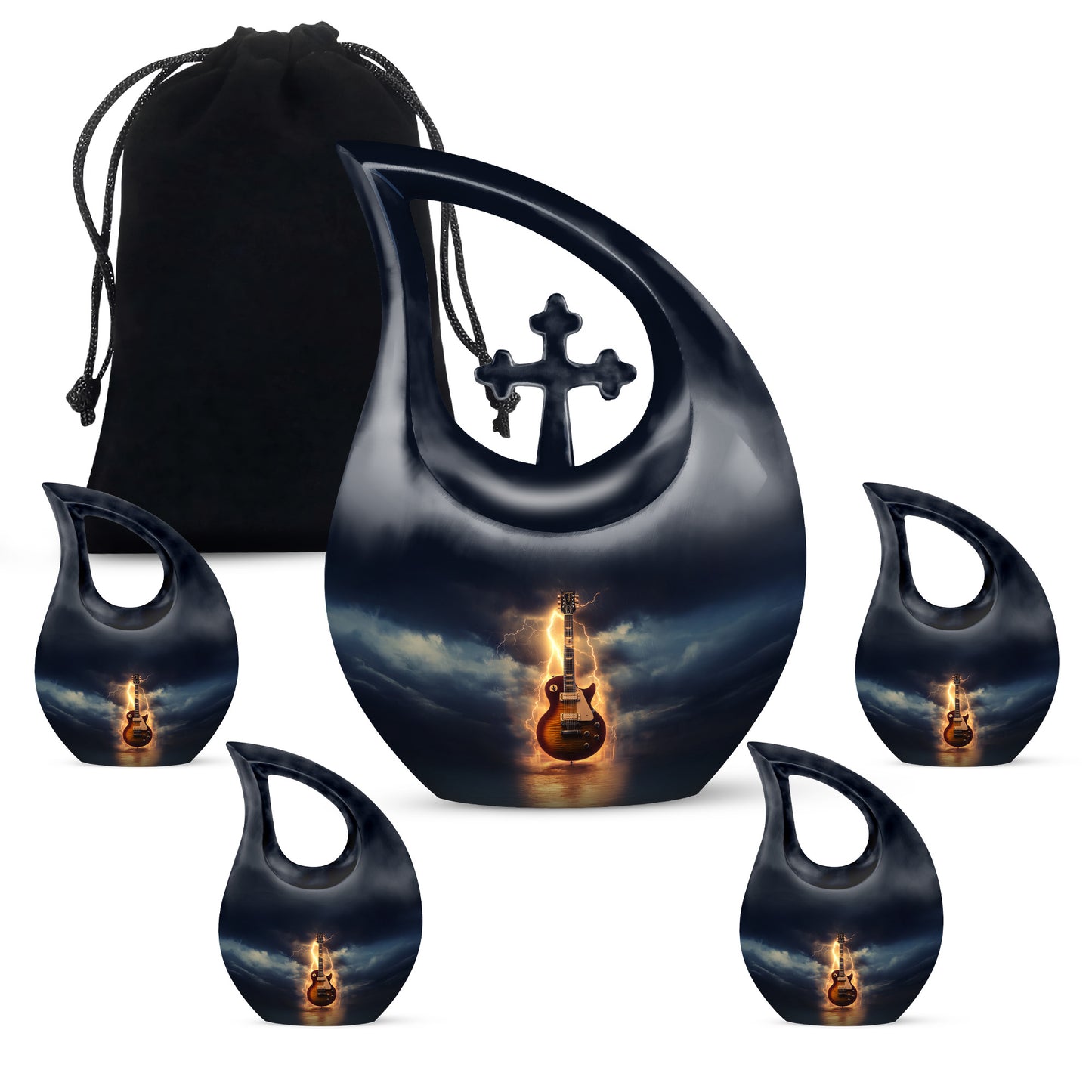 Soft Blue Guitar Cremation Urn urn with complimentary velvet bag - devotional cross-drop guitar engraving - memorial set with one large and four small urns