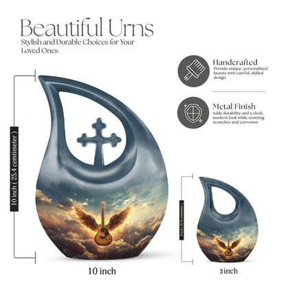 Navy Blue Guitar Cremation Urn back view with polished surface - cross and guitar combined in spiritual memorial design - mini keepsake memorial for portion of cremation ashes