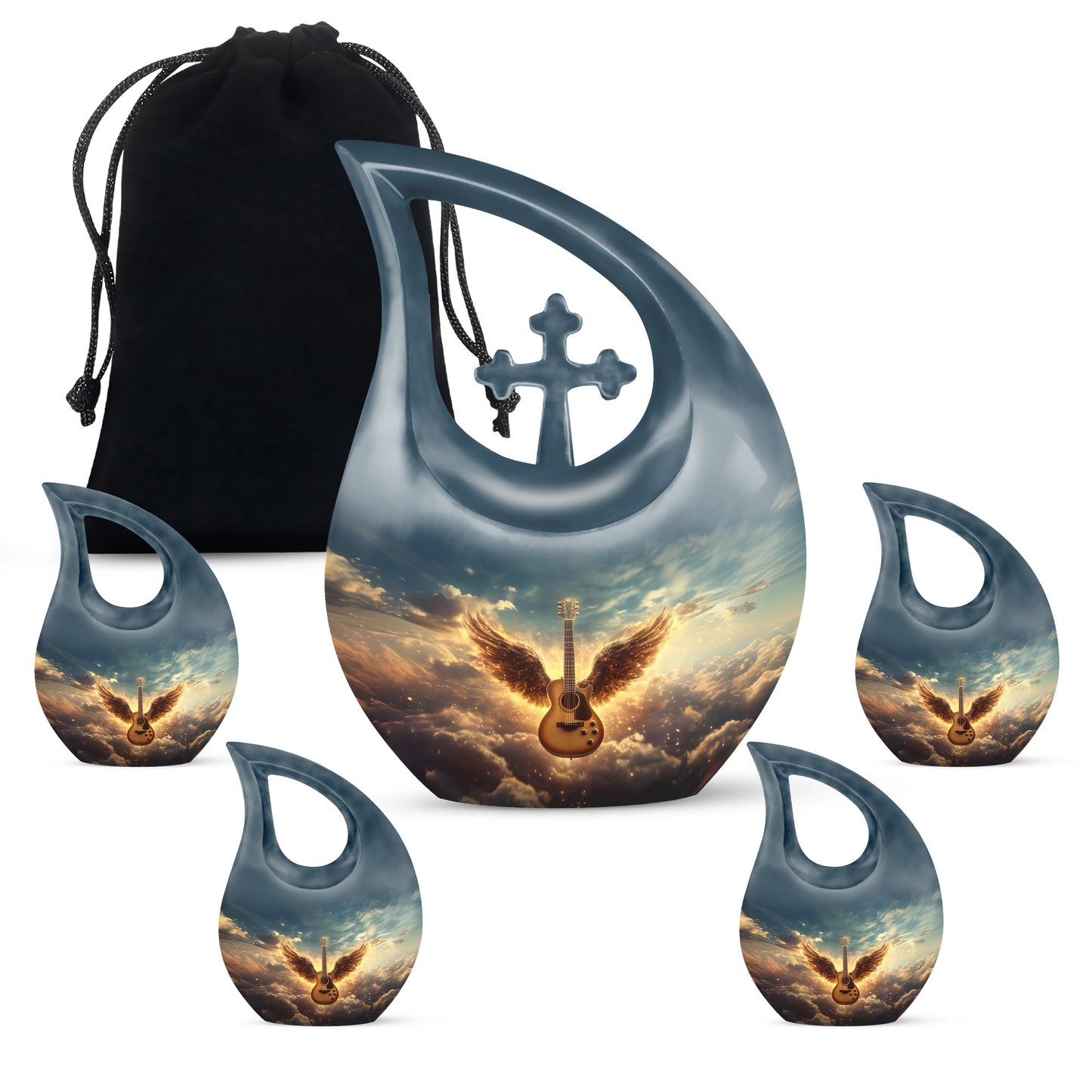 Sapphire Blue Guitar Cremation Urn urn with complimentary velvet bag - faith-inspired cross-drop urn with guitar pattern - memorial set with one large and four small urns