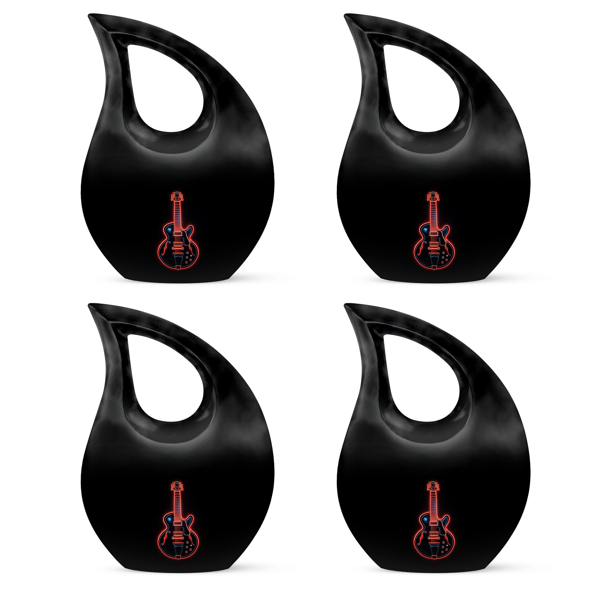 Midnight Black Guitar Cremation Urn lifestyle display on memorial shelf - faith-inspired cross-drop urn with guitar pattern - 10 inch aluminum urn for cremated remains