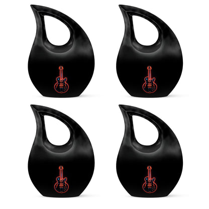 Midnight Black Guitar Cremation Urn lifestyle display on memorial shelf - faith-inspired cross-drop urn with guitar pattern - 10 inch aluminum urn for cremated remains