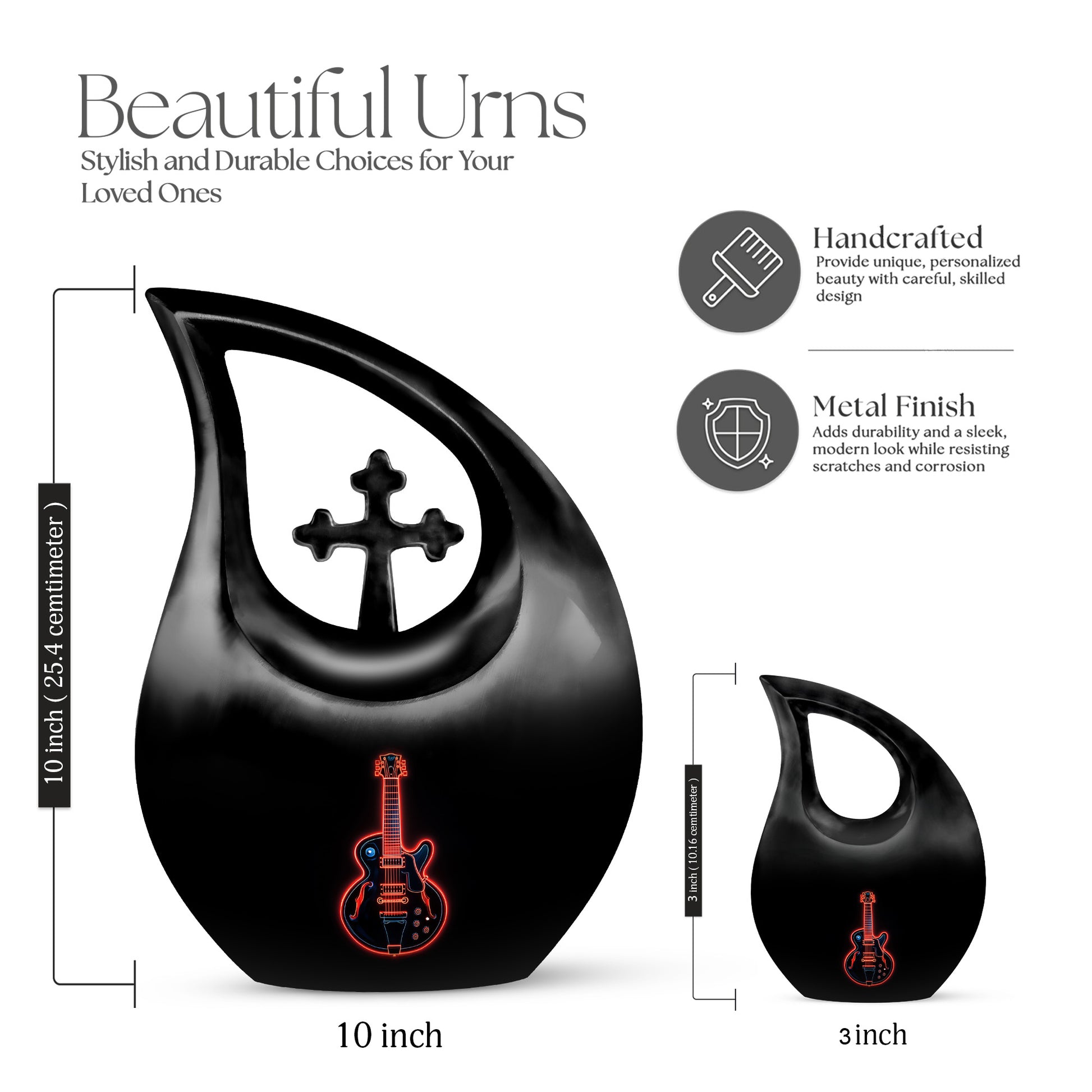 Jet Black Guitar Cremation Urn back view with polished surface - sacred cross merged with guitar motif on metal - mini keepsake memorial for portion of cremation ashes