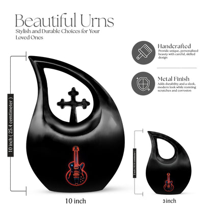 Jet Black Guitar Cremation Urn back view with polished surface - sacred cross merged with guitar motif on metal - mini keepsake memorial for portion of cremation ashes