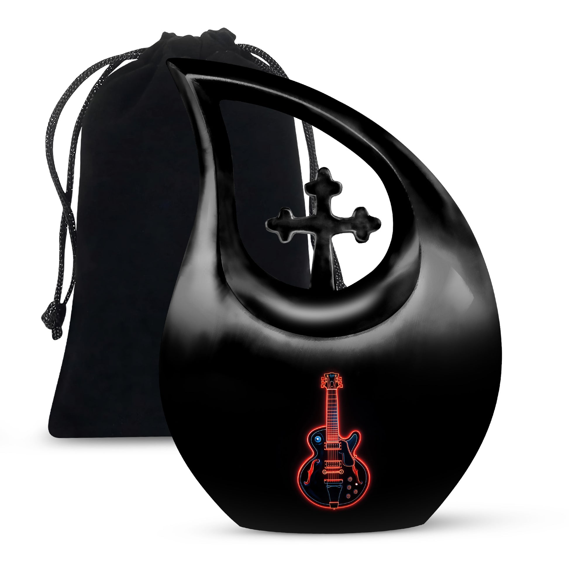 Dark Black Guitar Cremation Urn top-down view of secure threaded lid - devotional cross-drop guitar engraving - full-size 10 inch 200 cubic inch adult cremation urn