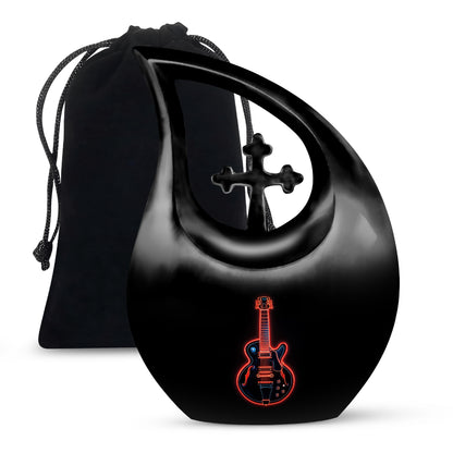 Dark Black Guitar Cremation Urn top-down view of secure threaded lid - devotional cross-drop guitar engraving - full-size 10 inch 200 cubic inch adult cremation urn