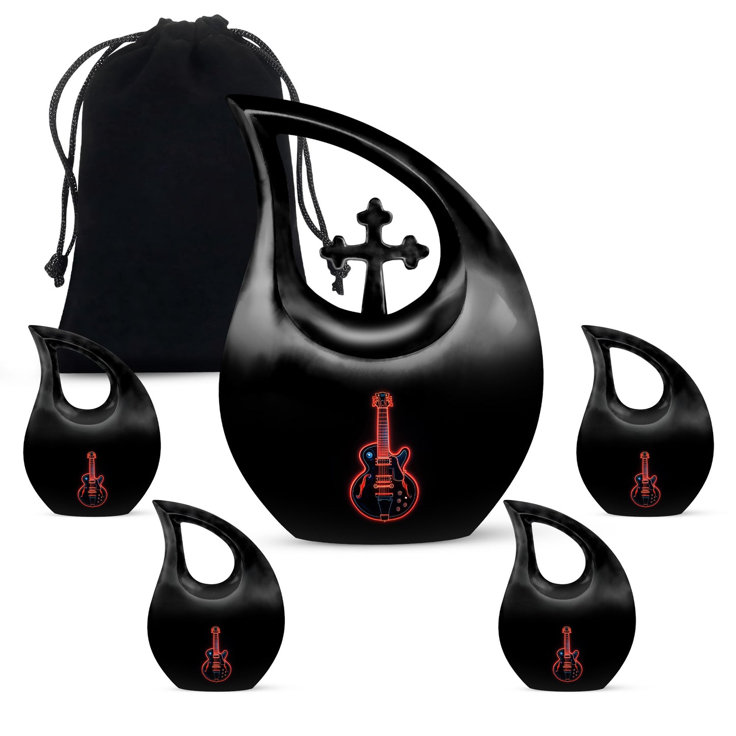 Onyx Black Guitar Cremation Urn urn with complimentary velvet bag - devotional cross-drop guitar engraving - memorial set with one large and four small urns