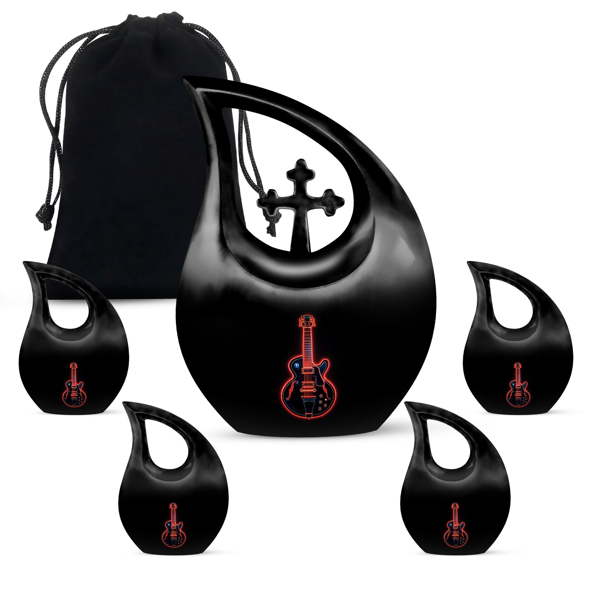 Onyx Black Guitar Cremation Urn urn with complimentary velvet bag - devotional cross-drop guitar engraving - memorial set with one large and four small urns