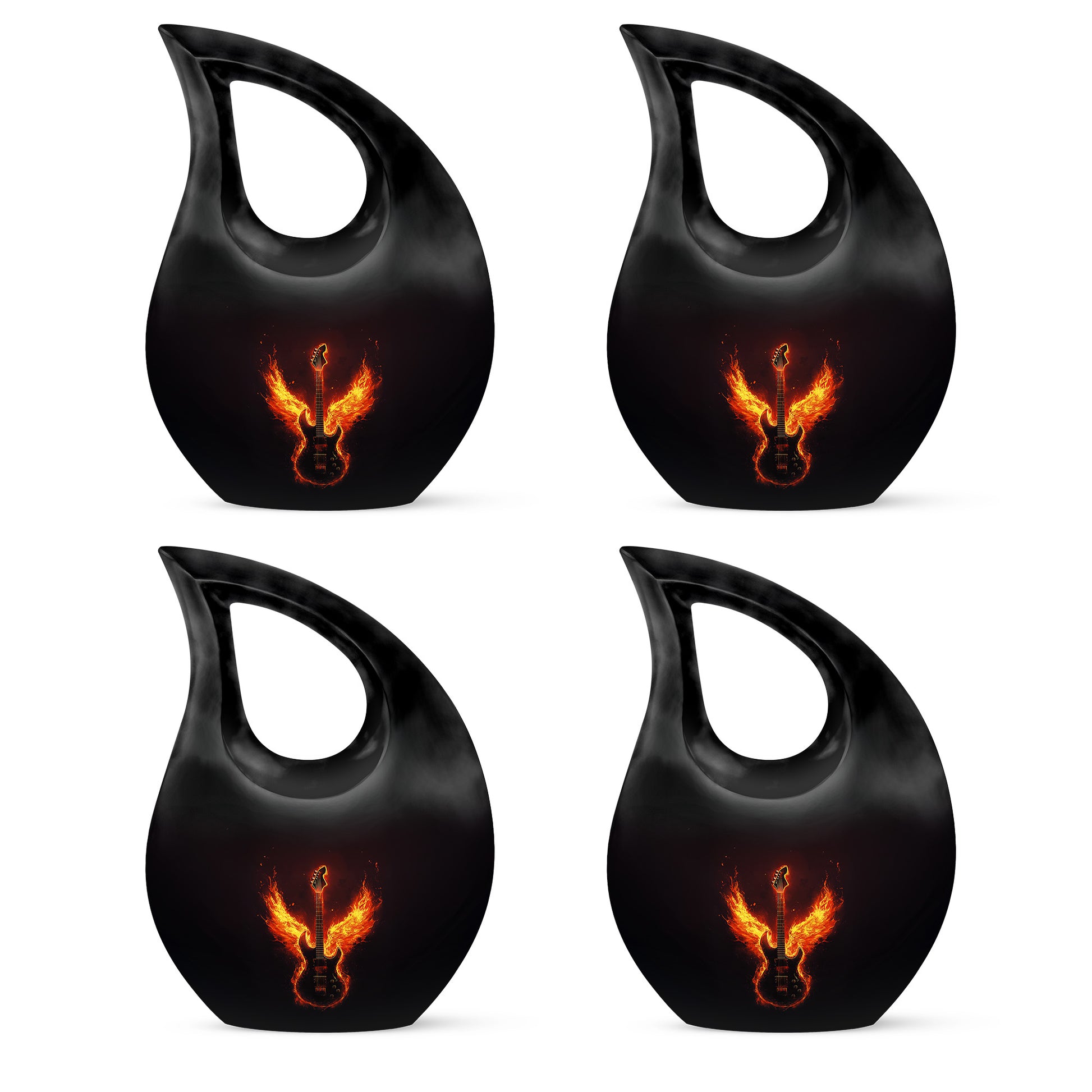 Ebony Guitar Cremation Urn lifestyle display on memorial shelf - cross and guitar combined in spiritual memorial design - 10 inch aluminum urn for cremated remains