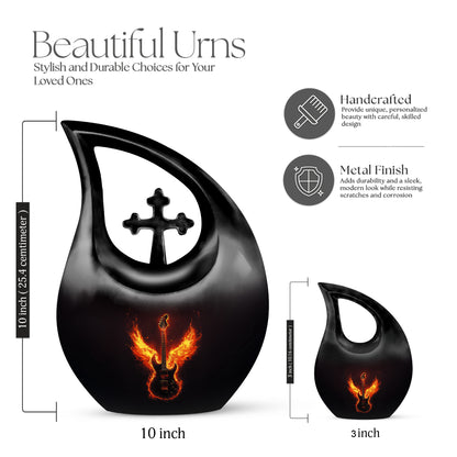 Deep Black Guitar Cremation Urn back view with polished surface - sacred cross merged with guitar motif on metal - mini keepsake memorial for portion of cremation ashes