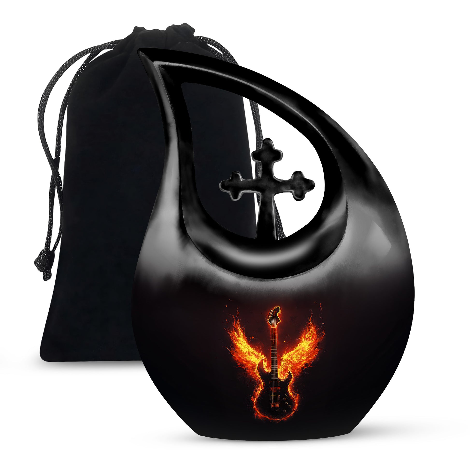 Onyx Black Guitar Cremation Urn top-down view of secure threaded lid - devotional cross-drop guitar engraving - full-size 10 inch 200 cubic inch adult cremation urn