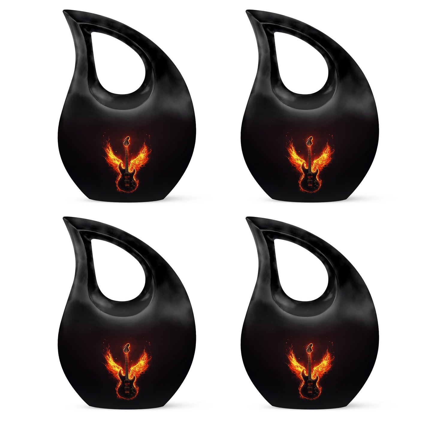 Obsidian Black Guitar Cremation Urn lifestyle display on memorial shelf - faith-inspired cross-drop urn with guitar pattern - 10 inch aluminum urn for cremated remains