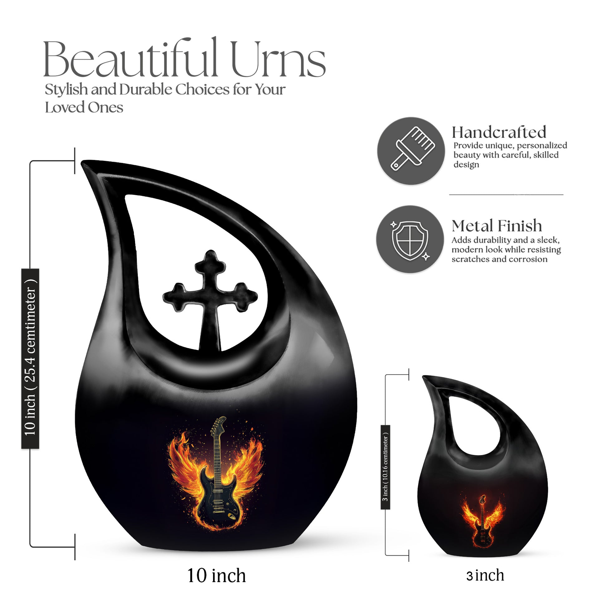 Dark Black Guitar Cremation Urn back view with polished surface - faith-inspired cross-drop urn with guitar pattern - mini keepsake memorial for portion of cremation ashes
