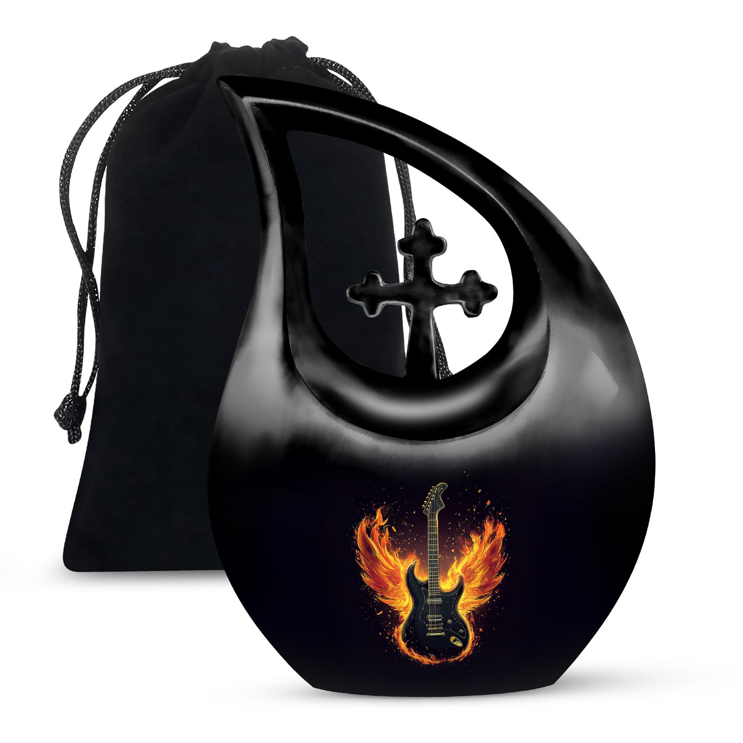Ebony Guitar Cremation Urn top-down view of secure threaded lid - cross and guitar combined in spiritual memorial design - full-size 10 inch 200 cubic inch adult cremation urn