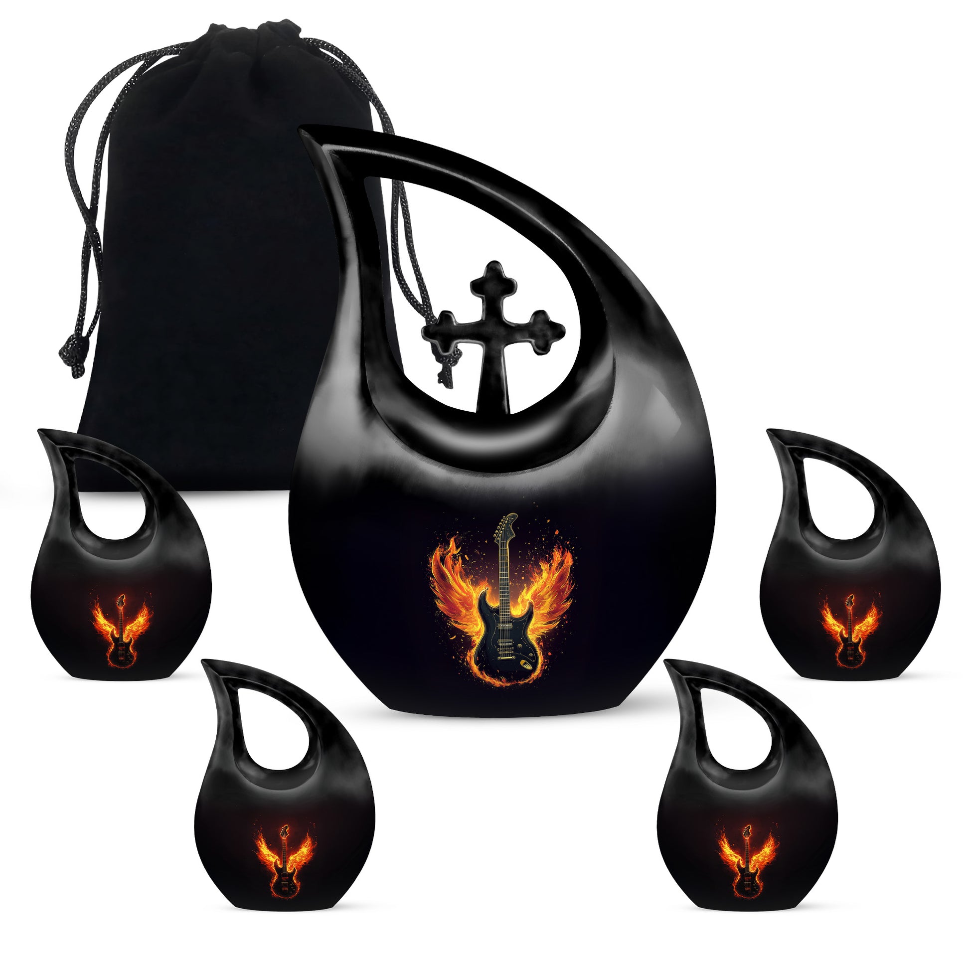 Jet Black Guitar Cremation Urn urn with complimentary velvet bag - sacred cross merged with guitar motif on metal - memorial set with one large and four small urns