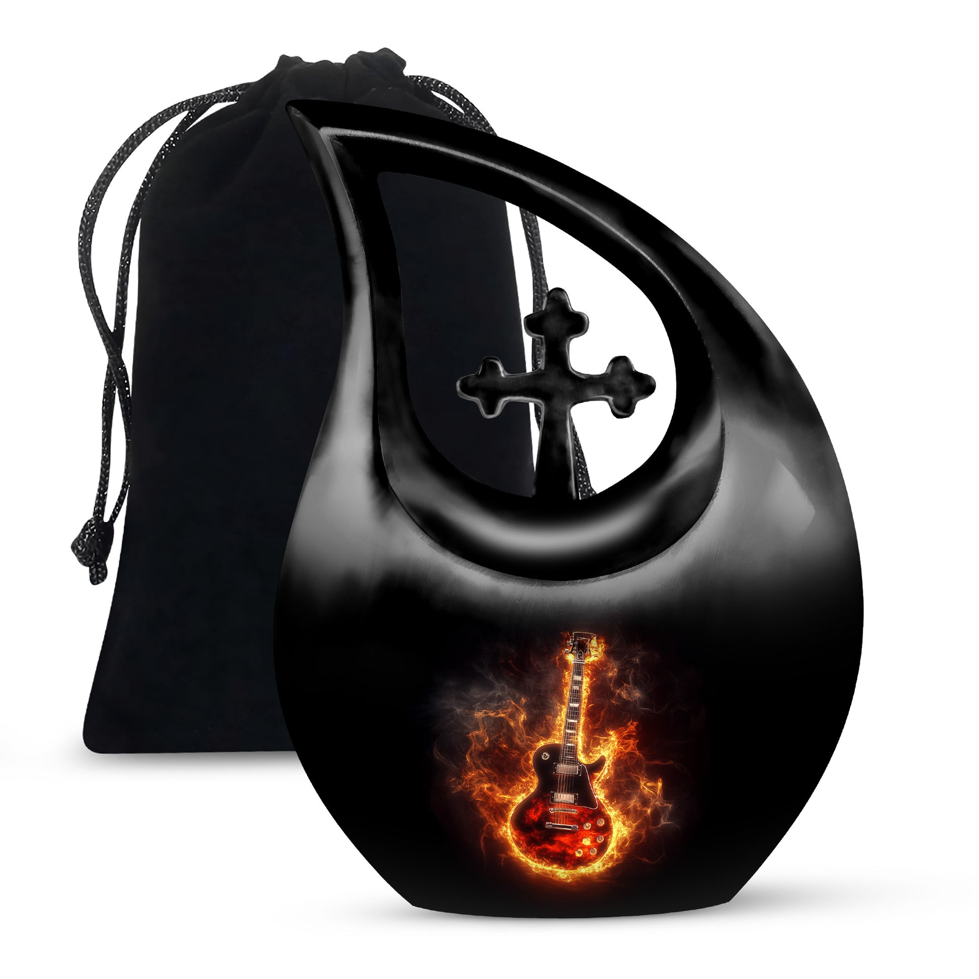Onyx Black Guitar Cremation Urn top-down view of secure threaded lid - devotional cross-drop guitar engraving - full-size 10 inch 200 cubic inch adult cremation urn