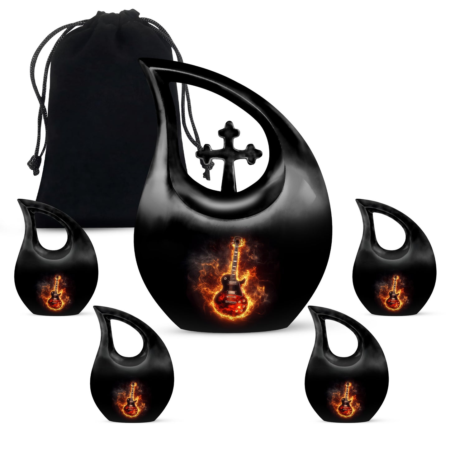 Jet Black Guitar Cremation Urn urn with complimentary velvet bag - sacred cross merged with guitar motif on metal - memorial set with one large and four small urns