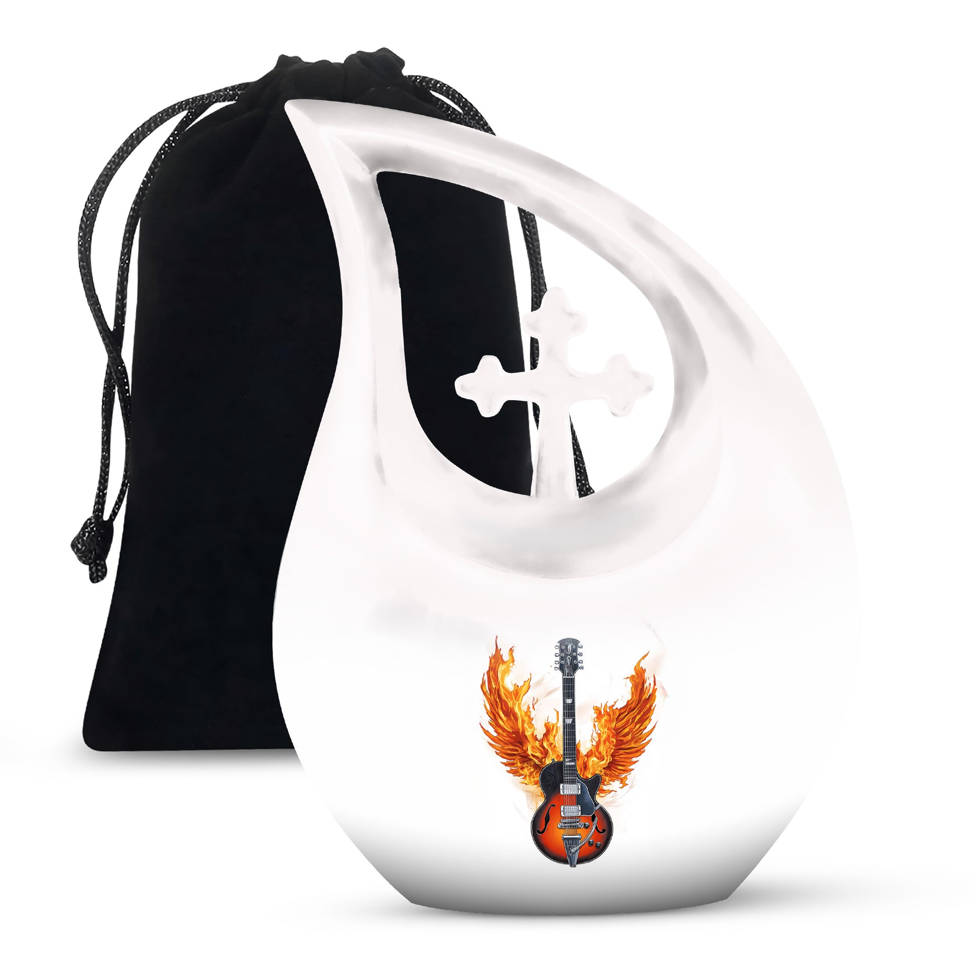 Polished Silver Guitar Cremation Urn top-down view of secure threaded lid - devotional cross-drop guitar engraving - full-size 10 inch 200 cubic inch adult cremation urn