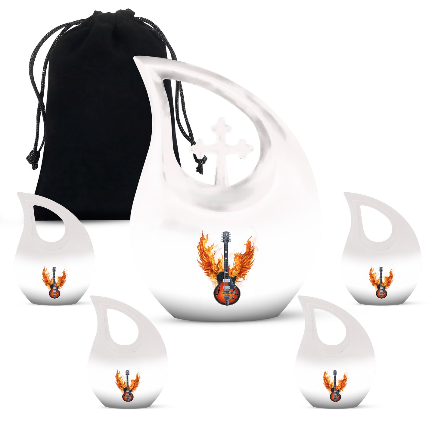 Chrome Silver Guitar Cremation Urn urn with complimentary velvet bag - faith-inspired cross-drop urn with guitar pattern - memorial set with one large and four small urns