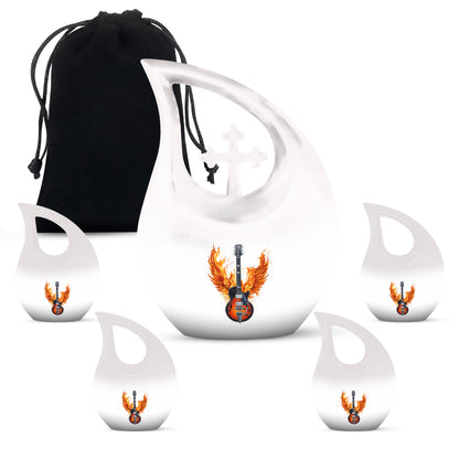 Chrome Silver Guitar Cremation Urn urn with complimentary velvet bag - faith-inspired cross-drop urn with guitar pattern - memorial set with one large and four small urns