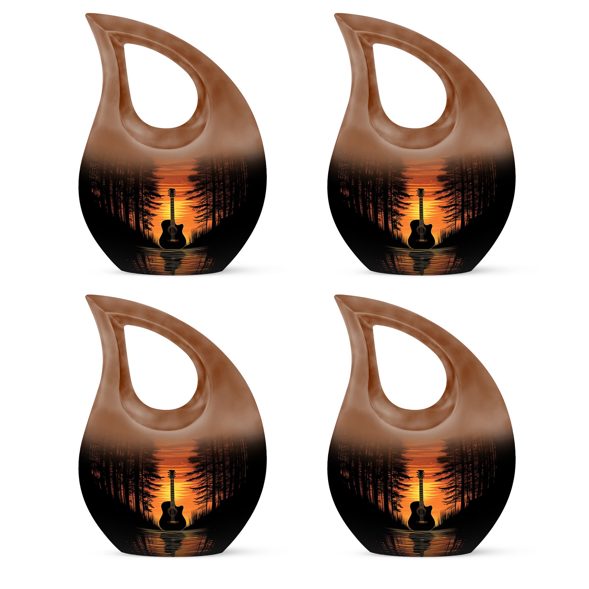 Obsidian Black Guitar Cremation Urn lifestyle display on memorial shelf - devotional cross-drop guitar engraving - 10 inch aluminum urn for cremated remains