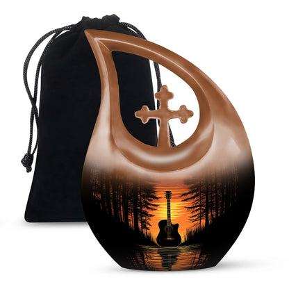 Obsidian Black Guitar Cremation Urn top-down view of secure threaded lid - devotional cross-drop guitar engraving - full-size 10 inch 200 cubic inch adult cremation urn