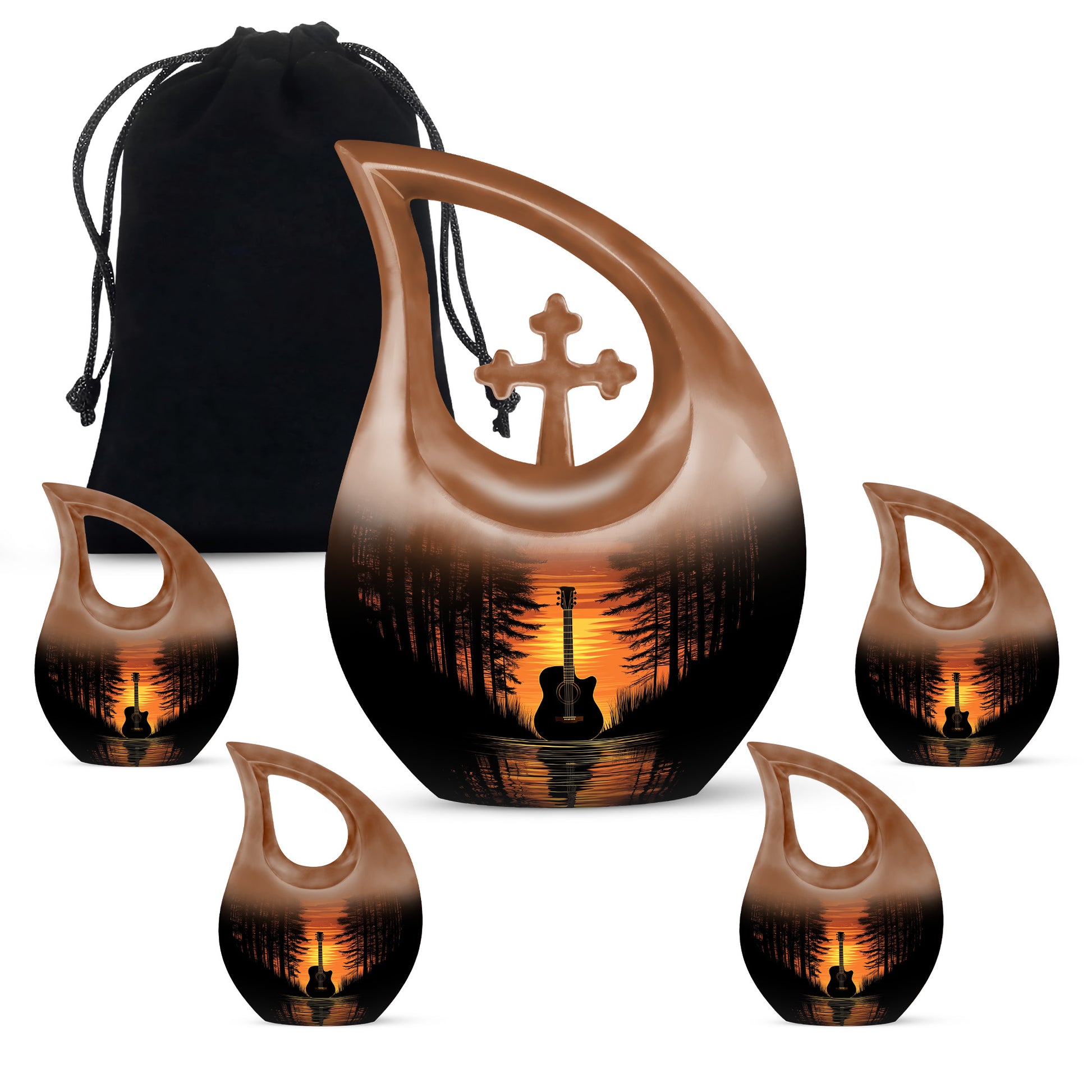 Dark Black Guitar Cremation Urn urn with complimentary velvet bag - faith-inspired cross-drop urn with guitar pattern - memorial set with one large and four small urns
