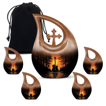 Dark Black Guitar Cremation Urn urn with complimentary velvet bag - faith-inspired cross-drop urn with guitar pattern - memorial set with one large and four small urns