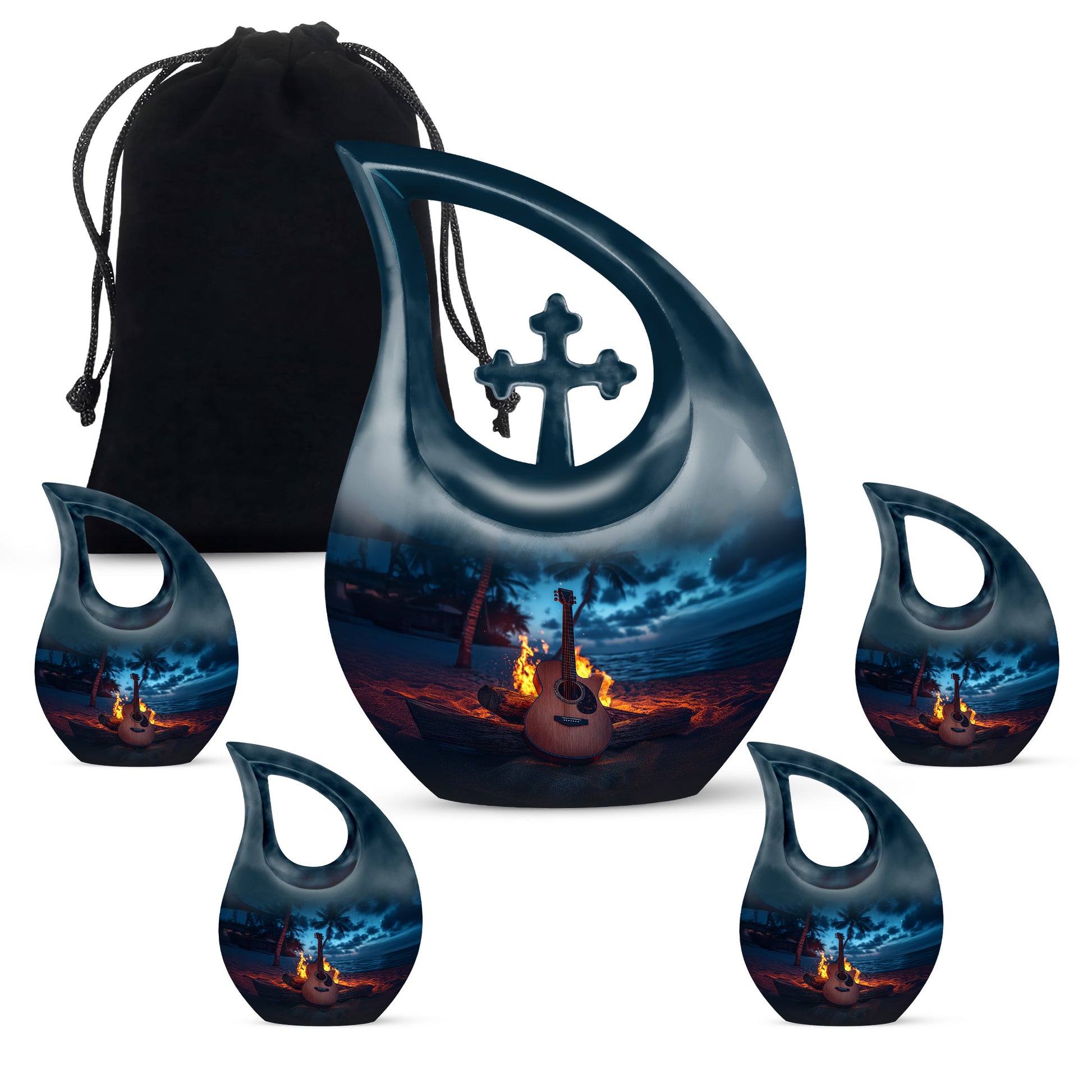 Azure Guitar Cremation Urn urn with complimentary velvet bag - cross and guitar combined in spiritual memorial design - memorial set with one large and four small urns