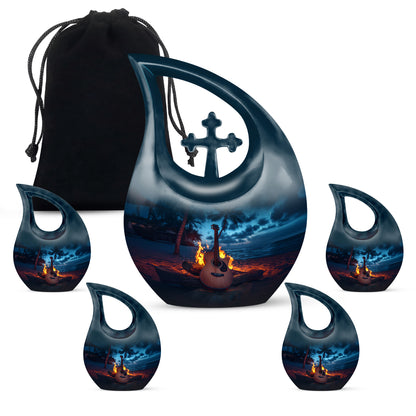 Azure Guitar Cremation Urn urn with complimentary velvet bag - cross and guitar combined in spiritual memorial design - memorial set with one large and four small urns