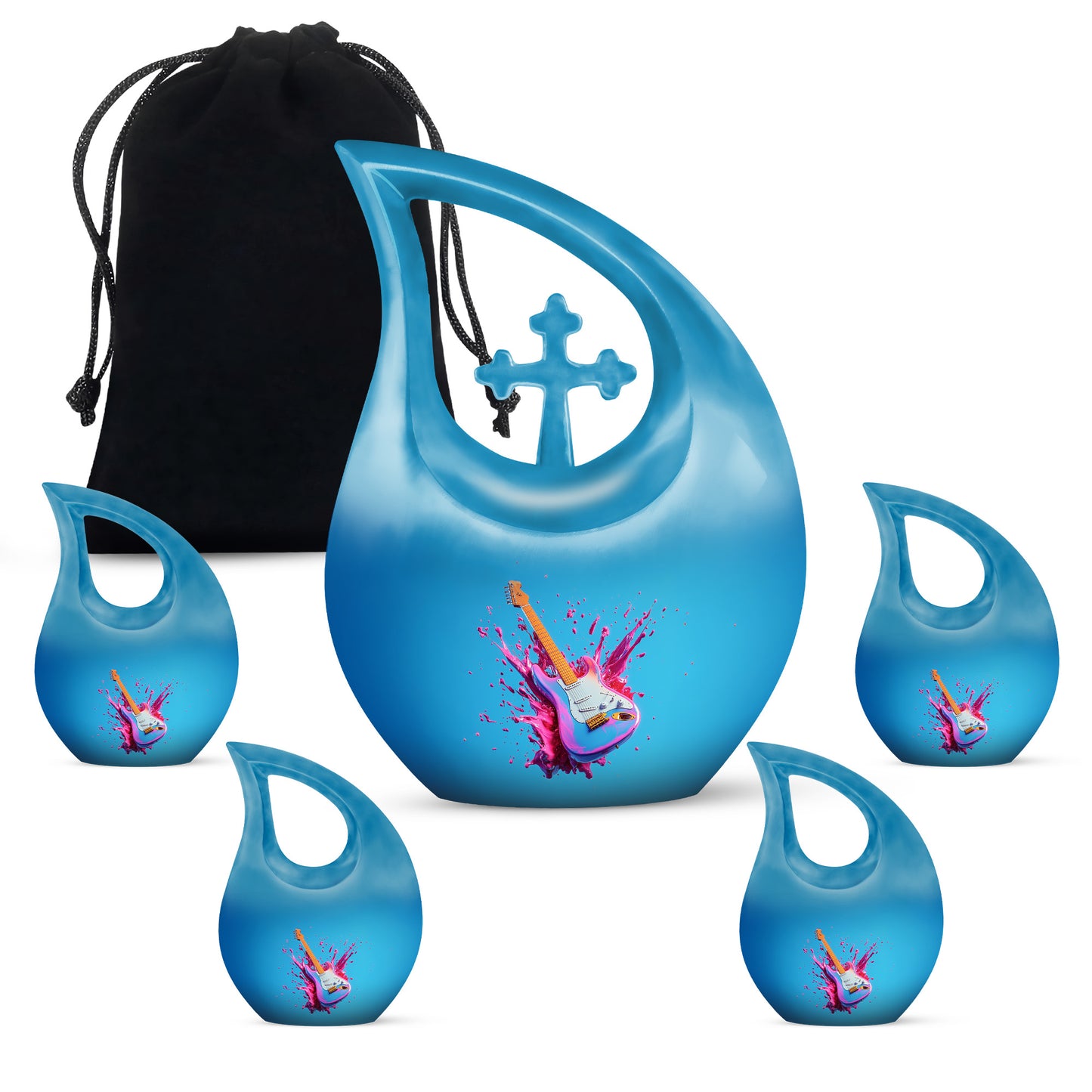Twilight Blue Guitar Cremation Urn urn with complimentary velvet bag - devotional cross-drop guitar engraving - memorial set with one large and four small urns